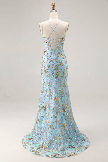 Mermaid Lake Blue Corset Sequins Lace Up Back Long Prom Dress With Slit